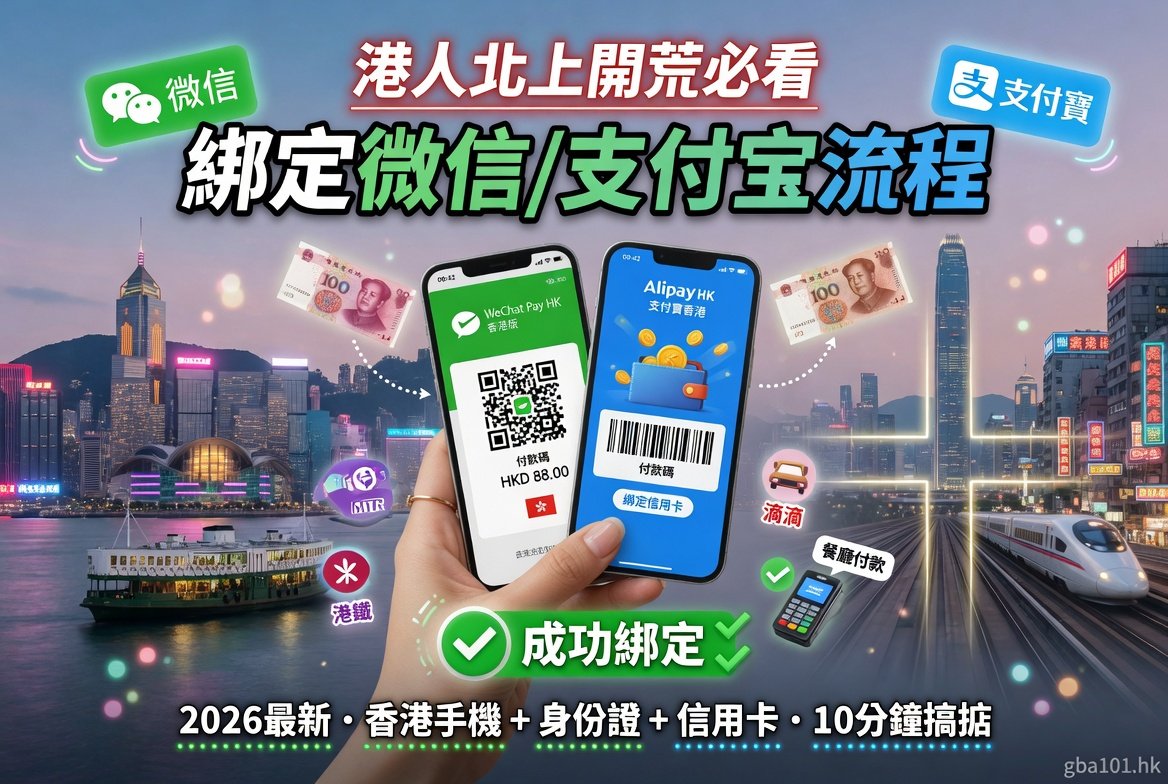 一張宣傳海報，顯示香港居民如何使用微信支付（WeChat Pay HK）和支付寶（AlipayHK）在内地消費，包含手机和二维码。