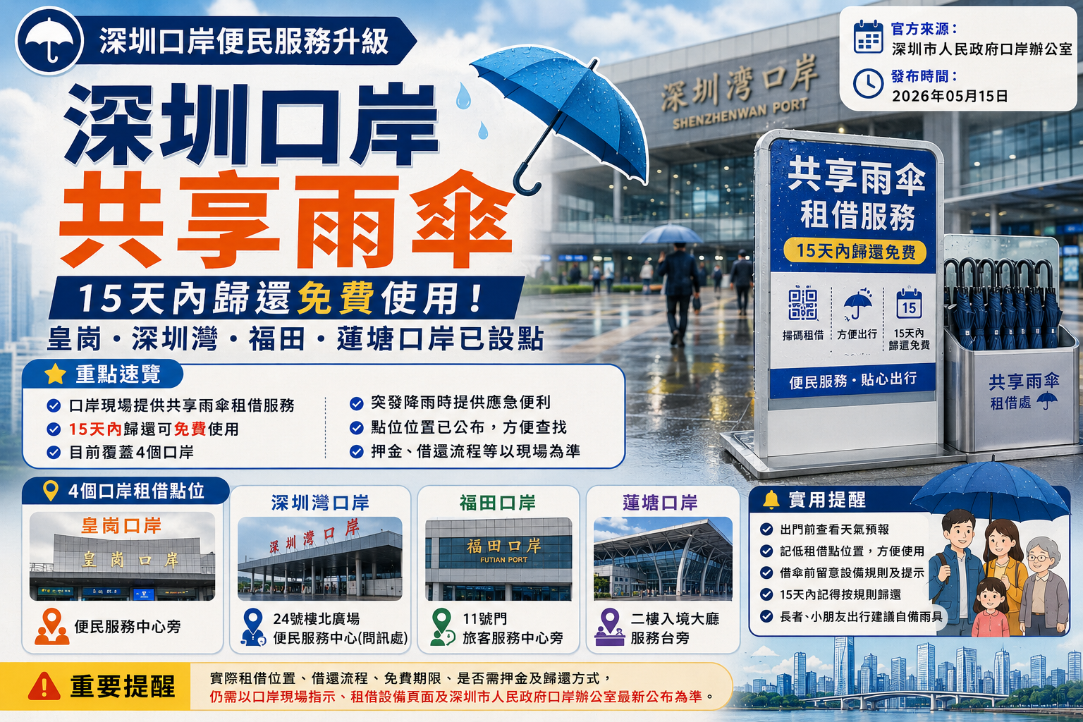 深圳口岸共享雨傘服務及港人雨天過關應急指南